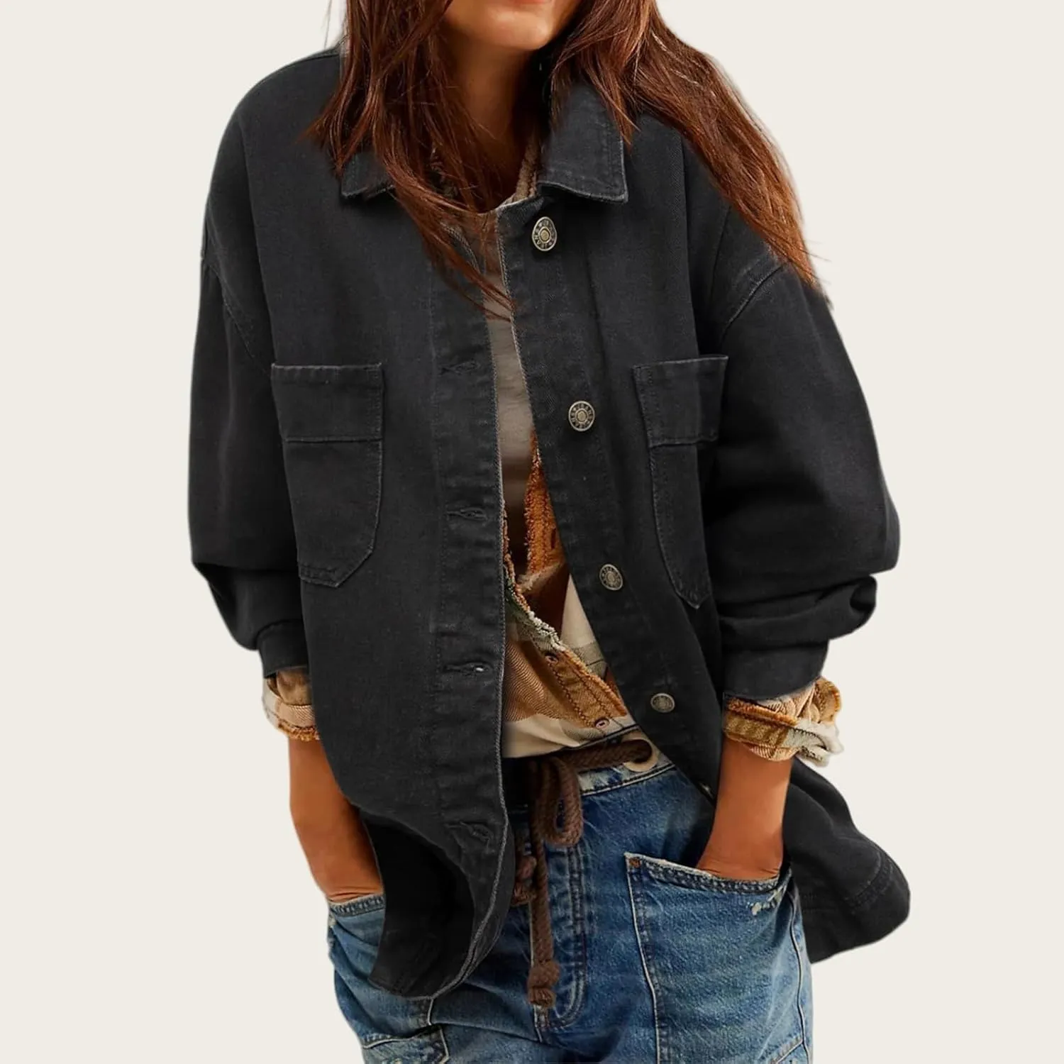 Denim Jackets for Women Oversized Boyfriend Long Sleeve Button Down Shirt Casual Loose Jean Jackets Coat