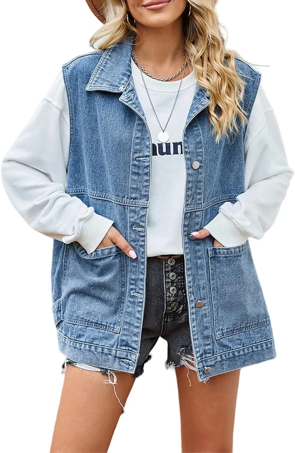 Denim Vest Top for Women Oversized Jean Jacket Button Down Pluse Size Denim Waistcoat Gilet Y2k Outfits with Pockets