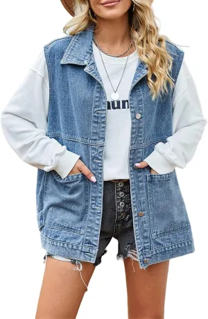 Denim Vest Top for Women Oversized Jean Jacket Button Down Pluse Size Denim Waistcoat Gilet Y2k Outfits with Pockets
