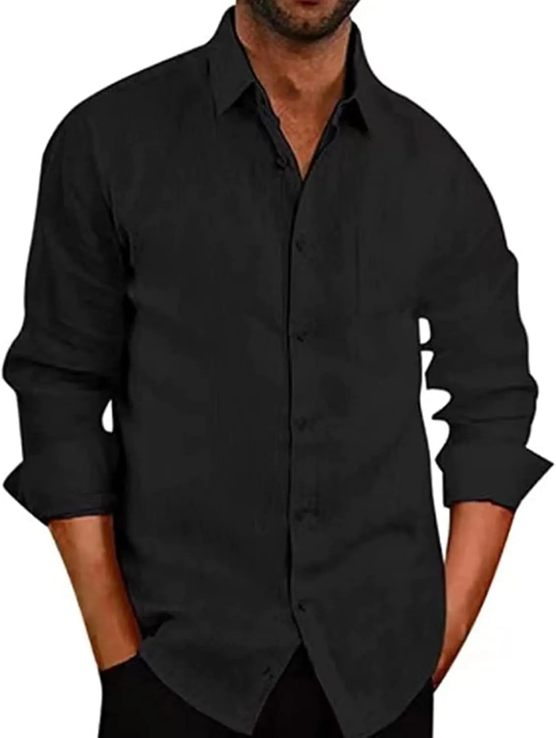 DGHM-JLMY Men's Lapel Solid Linen Shirt Casual Button Down Shirt Long Sleeve Beach Shirt Fashion Summer Linen Shirt