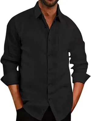 DGHM-JLMY Men's Lapel Solid Linen Shirt Casual Button Down Shirt Long Sleeve Beach Shirt Fashion Summer Linen Shirt