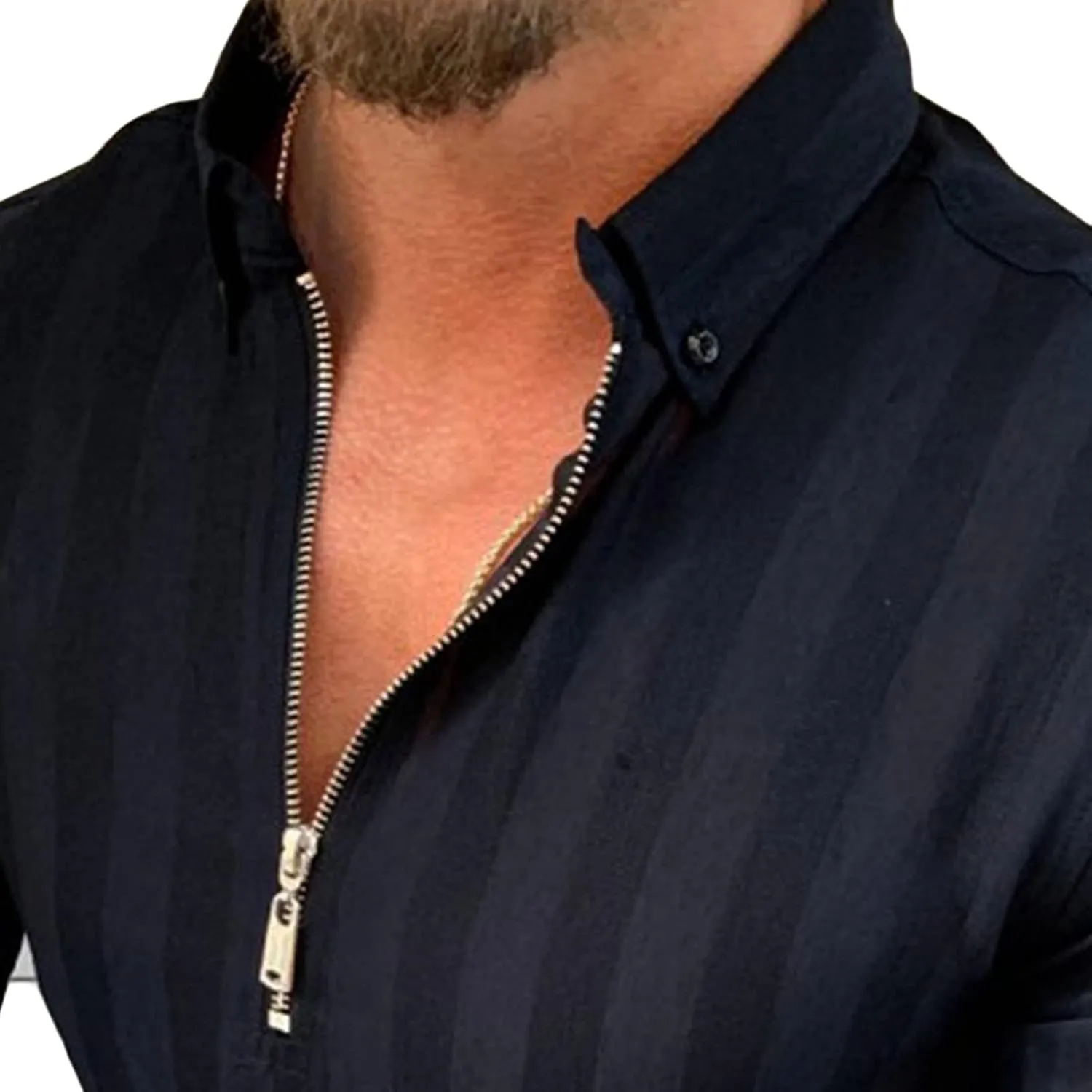 DGHM-JLMY Men's Long Sleeve Lapel Casual Striped Zipper Shirt Fashion Golf Shirts Zip Business Athletic Tennis T-Shirt
