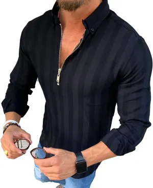 DGHM-JLMY Men's Long Sleeve Lapel Casual Striped Zipper Shirt Fashion Golf Shirts Zip Business Athletic Tennis T-Shirt