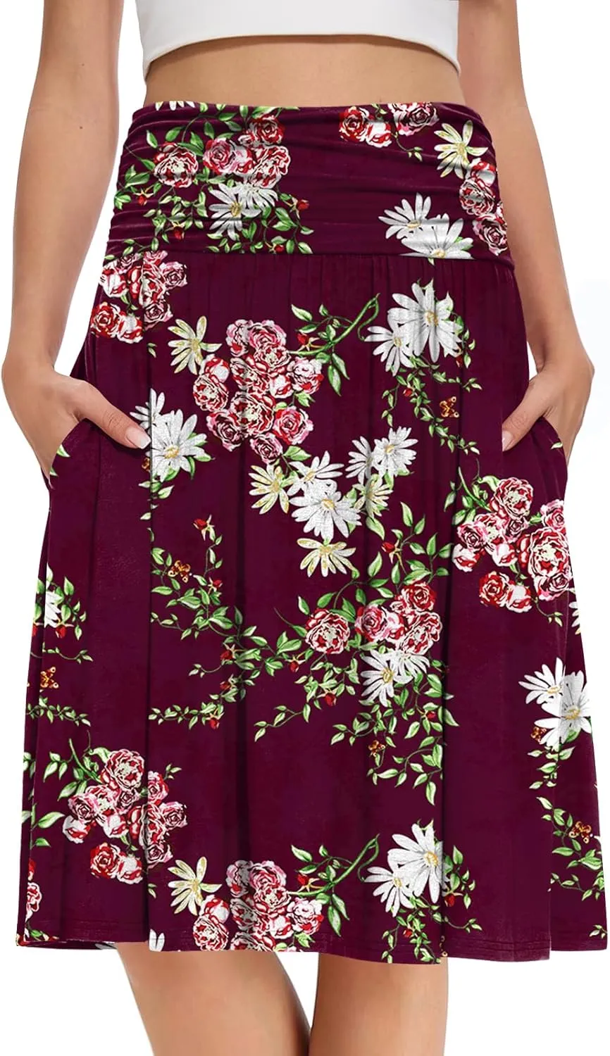 DouBCQ Midi Skirts for Women High Waist Pleated Skirts with Pockets Below Knee Length Flowy Skirt