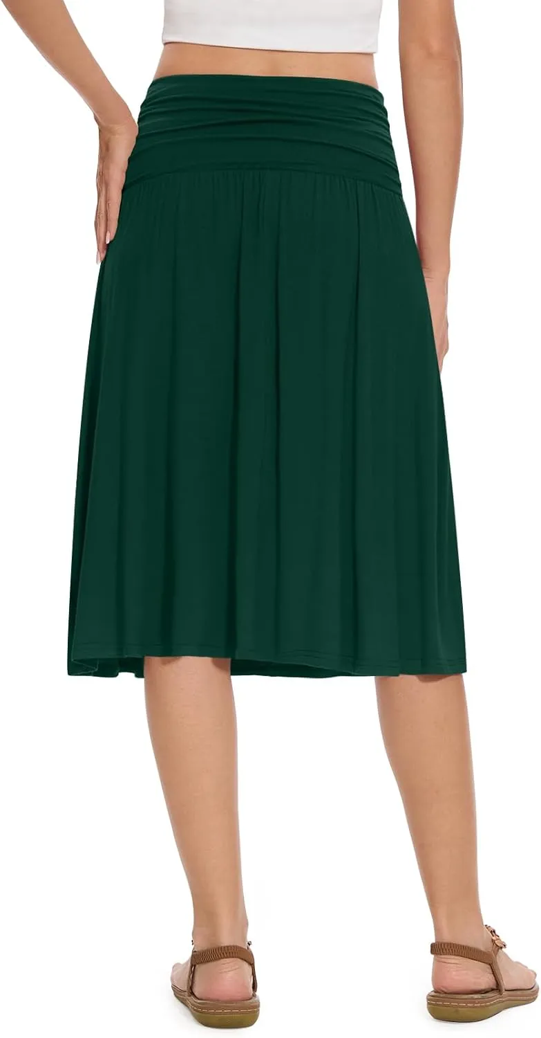 DouBCQ Midi Skirts for Women High Waist Pleated Skirts with Pockets Below Knee Length Flowy Skirt