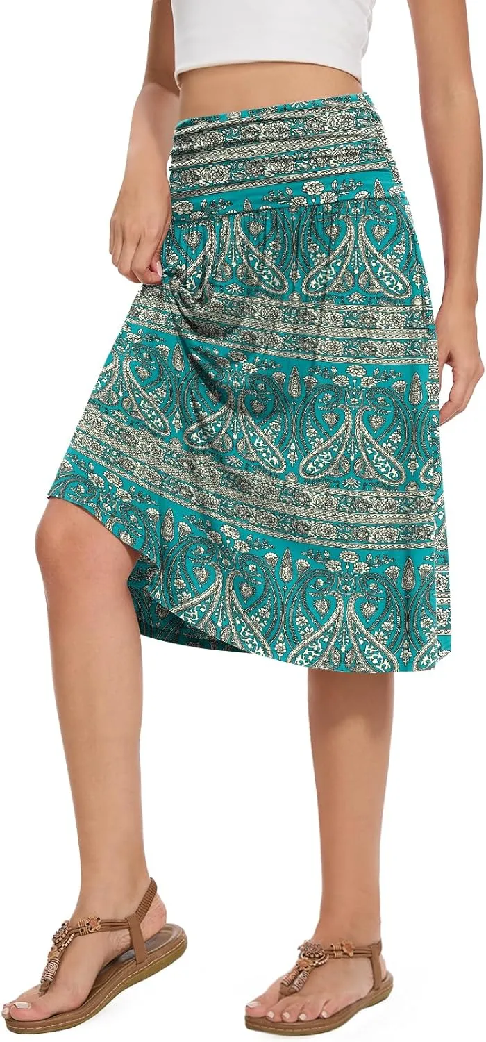 DouBCQ Midi Skirts for Women High Waist Pleated Skirts with Pockets Below Knee Length Flowy Skirt