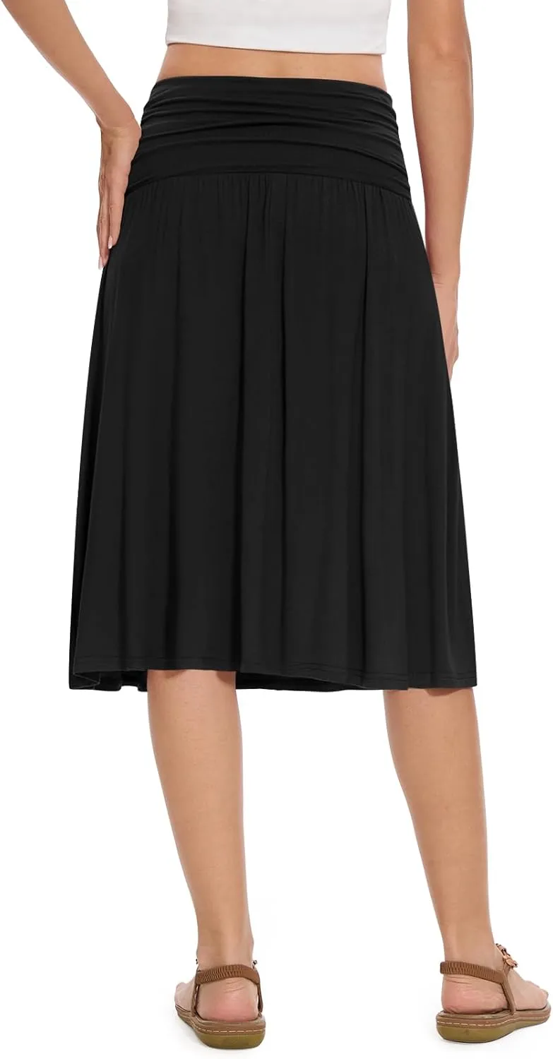DouBCQ Midi Skirts for Women High Waist Pleated Skirts with Pockets Below Knee Length Flowy Skirt