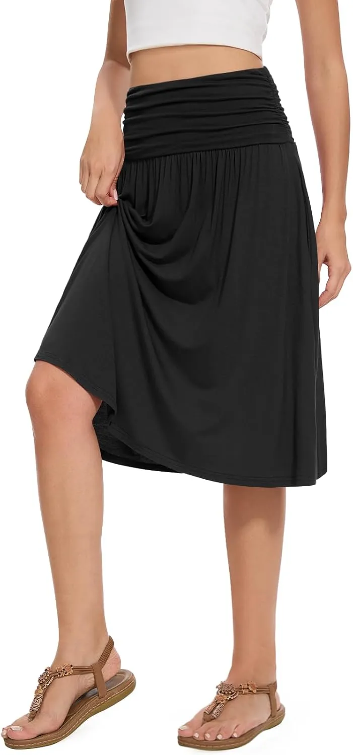 DouBCQ Midi Skirts for Women High Waist Pleated Skirts with Pockets Below Knee Length Flowy Skirt