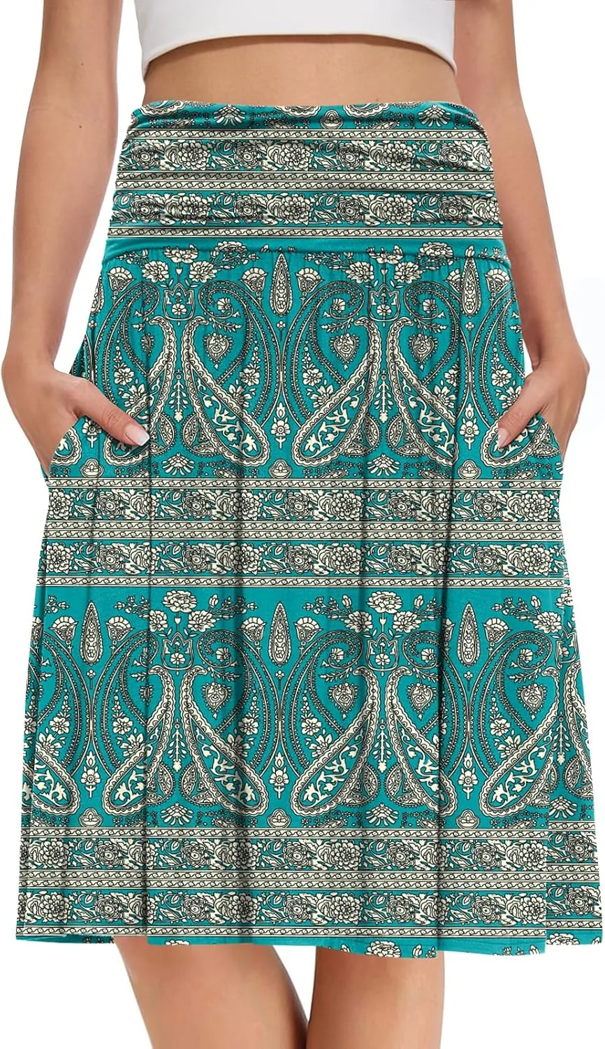 DouBCQ Midi Skirts for Women High Waist Pleated Skirts with Pockets Below Knee Length Flowy Skirt