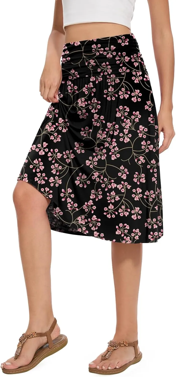 DouBCQ Midi Skirts for Women High Waist Pleated Skirts with Pockets Below Knee Length Flowy Skirt