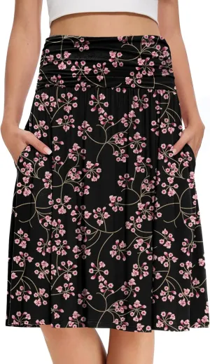 DouBCQ Midi Skirts for Women High Waist Pleated Skirts with Pockets Below Knee Length Flowy Skirt