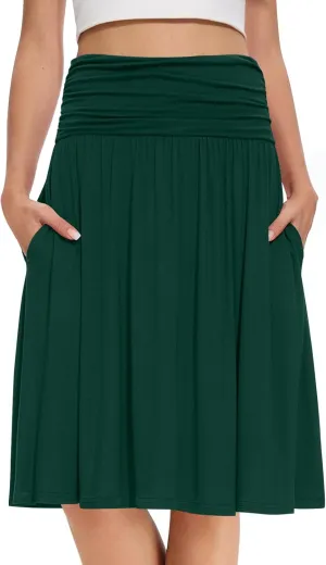 DouBCQ Midi Skirts for Women High Waist Pleated Skirts with Pockets Below Knee Length Flowy Skirt