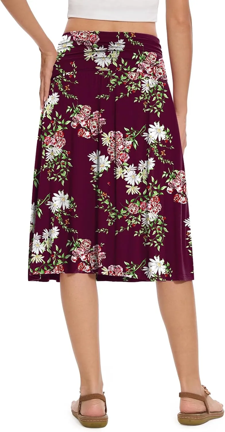 DouBCQ Midi Skirts for Women High Waist Pleated Skirts with Pockets Below Knee Length Flowy Skirt