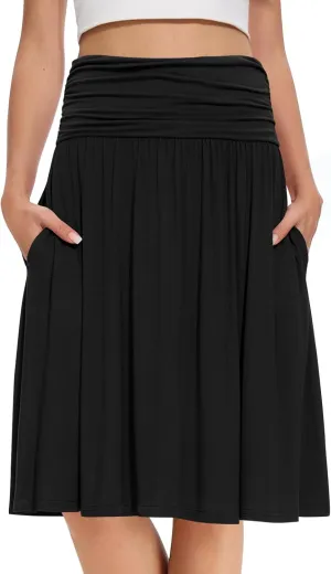 DouBCQ Midi Skirts for Women High Waist Pleated Skirts with Pockets Below Knee Length Flowy Skirt