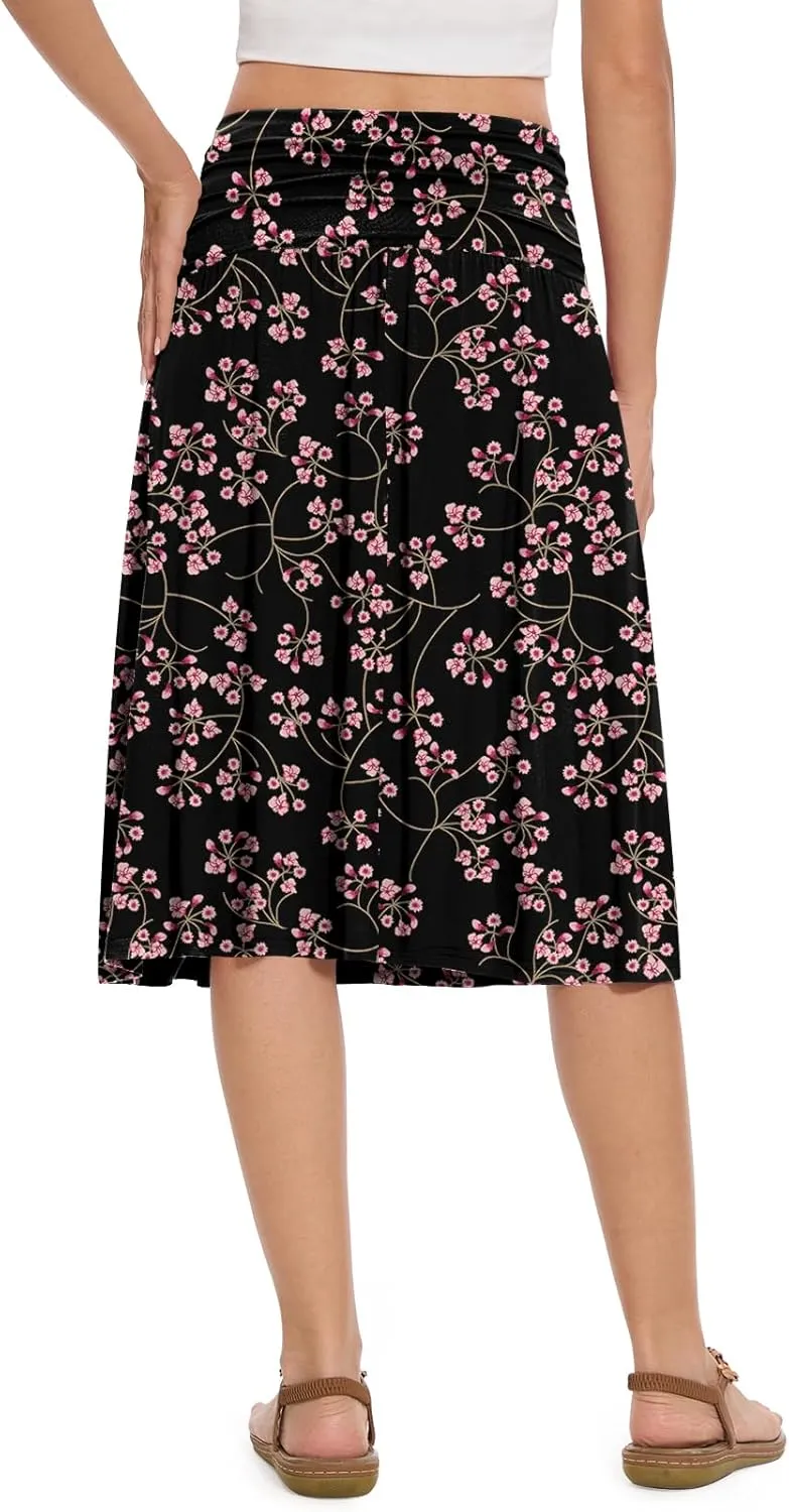 DouBCQ Midi Skirts for Women High Waist Pleated Skirts with Pockets Below Knee Length Flowy Skirt