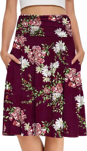 DouBCQ Midi Skirts for Women High Waist Pleated Skirts with Pockets Below Knee Length Flowy Skirt