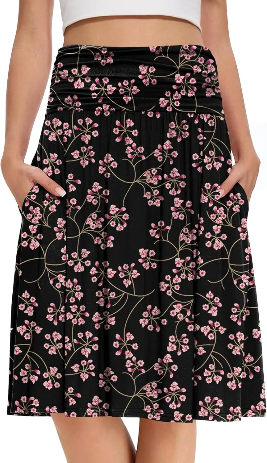 DouBCQ Midi Skirts for Women High Waist Pleated Skirts with Pockets Below Knee Length Flowy Skirt