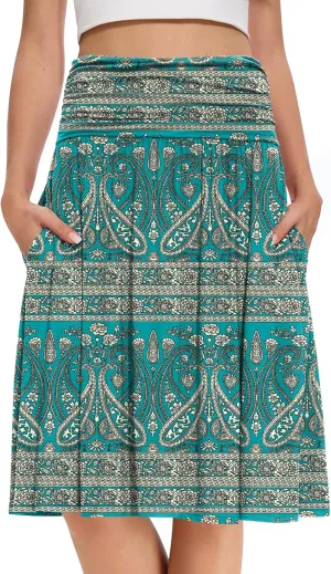 DouBCQ Midi Skirts for Women High Waist Pleated Skirts with Pockets Below Knee Length Flowy Skirt