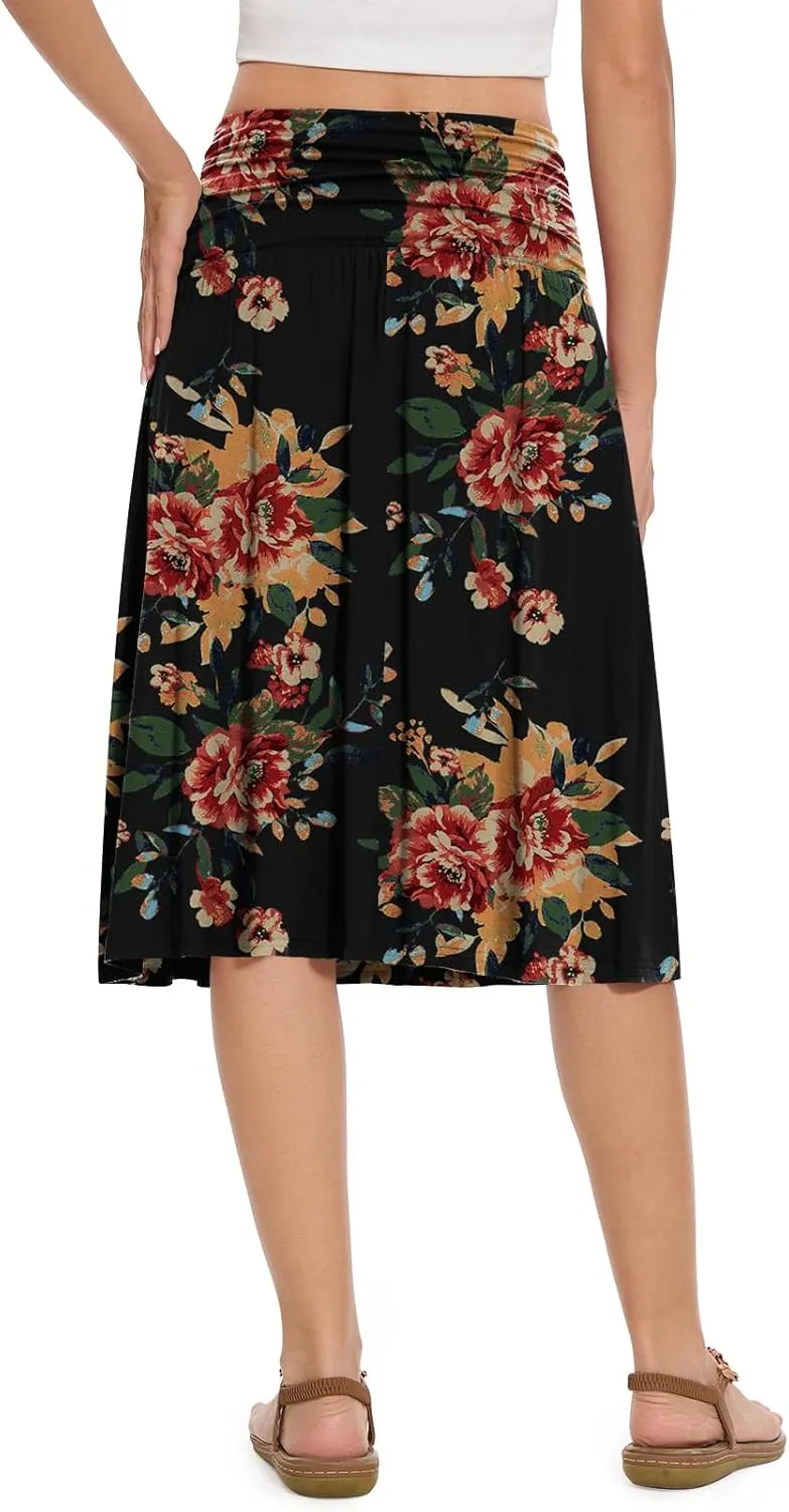 DouBCQ Midi Skirts for Women High Waist Pleated Skirts with Pockets Below Knee Length Flowy Skirt