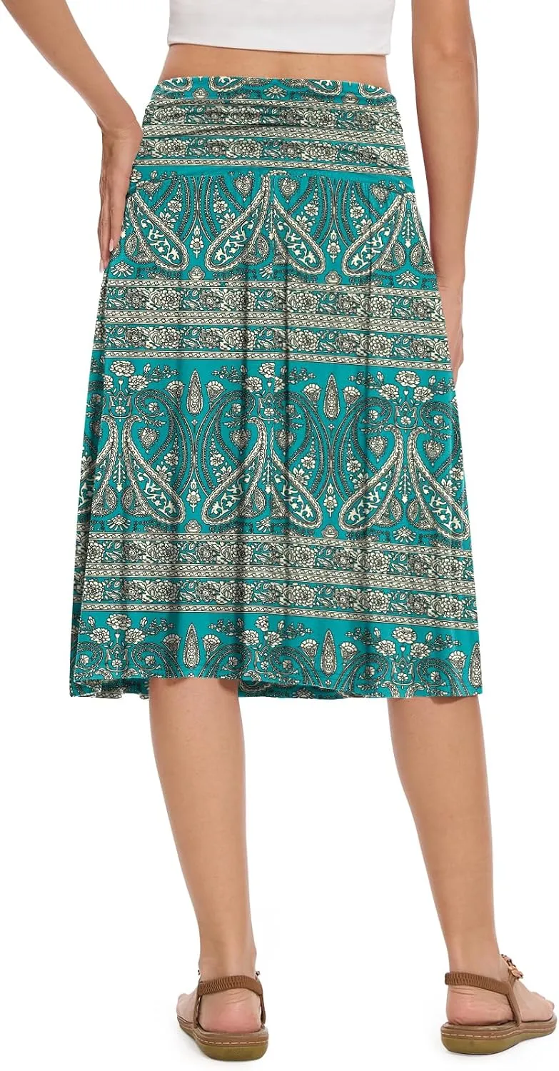 DouBCQ Midi Skirts for Women High Waist Pleated Skirts with Pockets Below Knee Length Flowy Skirt