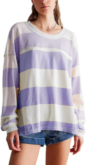 DSORVICD Women Fall Striped Oversized Shirts Y2k Casual Long Sleeve Sweatshirt Loose Crew Neck Pullover Cute Color Block Tees