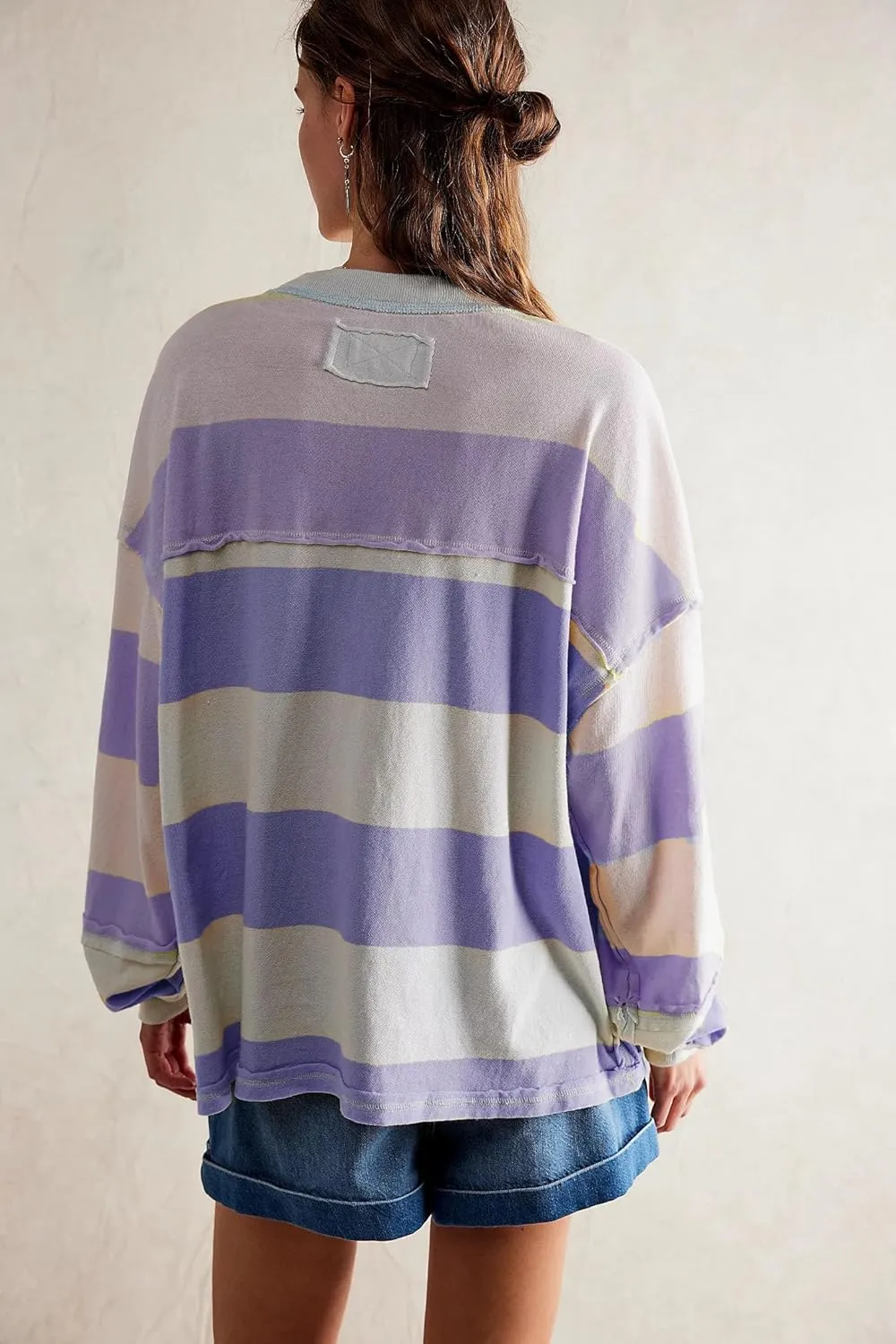 DSORVICD Women Fall Striped Oversized Shirts Y2k Casual Long Sleeve Sweatshirt Loose Crew Neck Pullover Cute Color Block Tees