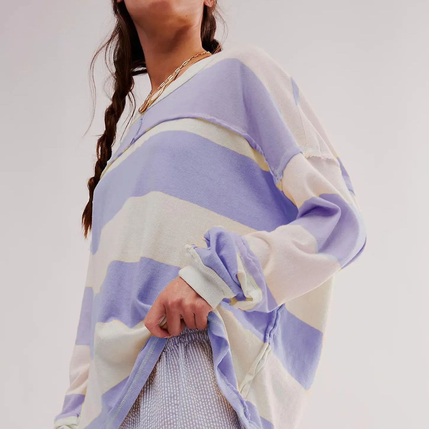 DSORVICD Women Fall Striped Oversized Shirts Y2k Casual Long Sleeve Sweatshirt Loose Crew Neck Pullover Cute Color Block Tees