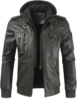Dvbfufv Men’S Solid Zip PU Leather Jacket Hooded Lapel Motorcycle Leather Jacket Spring Autumn Windbreaker Coat