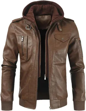 Dvbfufv Men’S Solid Zip PU Leather Jacket Hooded Lapel Motorcycle Leather Jacket Spring Autumn Windbreaker Coat
