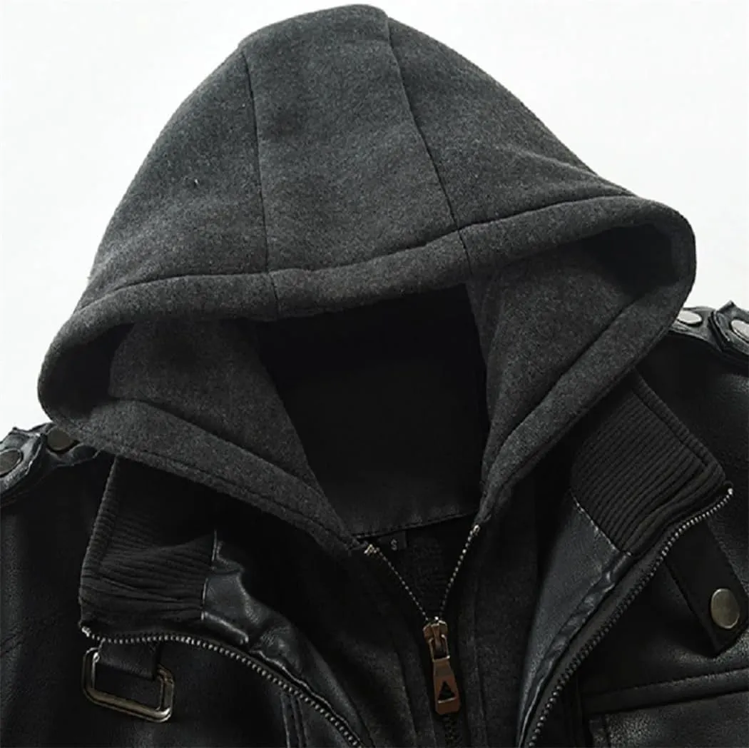 Dvbfufv Men’S Solid Zip PU Leather Jacket Hooded Lapel Motorcycle Leather Jacket Spring Autumn Windbreaker Coat