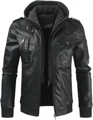 Dvbfufv Men’S Solid Zip PU Leather Jacket Hooded Lapel Motorcycle Leather Jacket Spring Autumn Windbreaker Coat