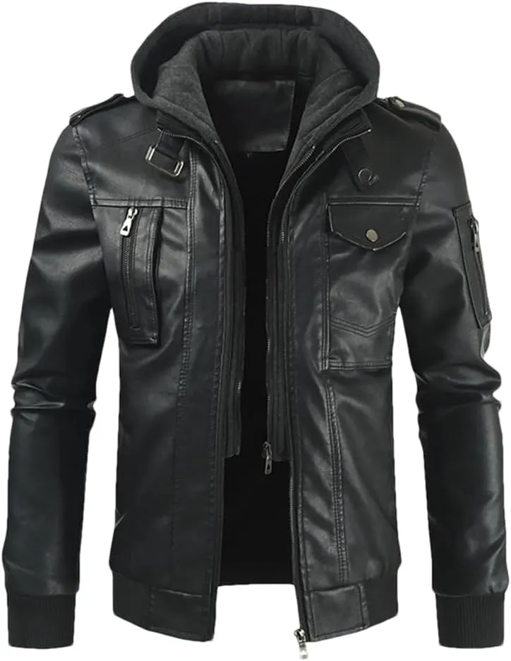 Dvbfufv Men’S Solid Zip PU Leather Jacket Hooded Lapel Motorcycle Leather Jacket Spring Autumn Windbreaker Coat