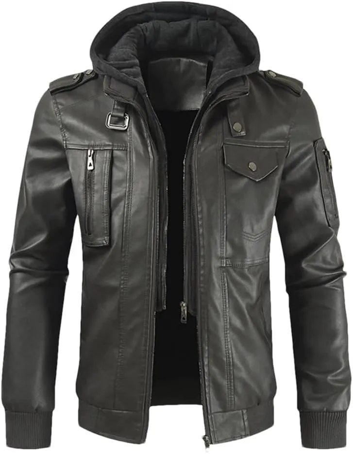 Dvbfufv Men’S Solid Zip PU Leather Jacket Hooded Lapel Motorcycle Leather Jacket Spring Autumn Windbreaker Coat