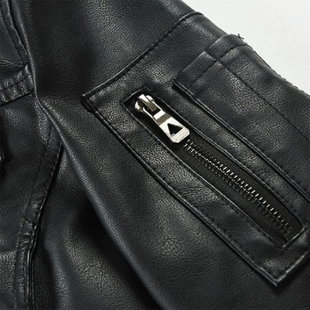 Dvbfufv Men’S Solid Zip PU Leather Jacket Hooded Lapel Motorcycle Leather Jacket Spring Autumn Windbreaker Coat