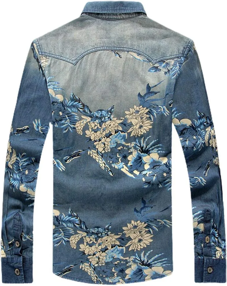 ebossy Men's Floral Print Vintage Washed Button Down Lightweight Denim Shirt