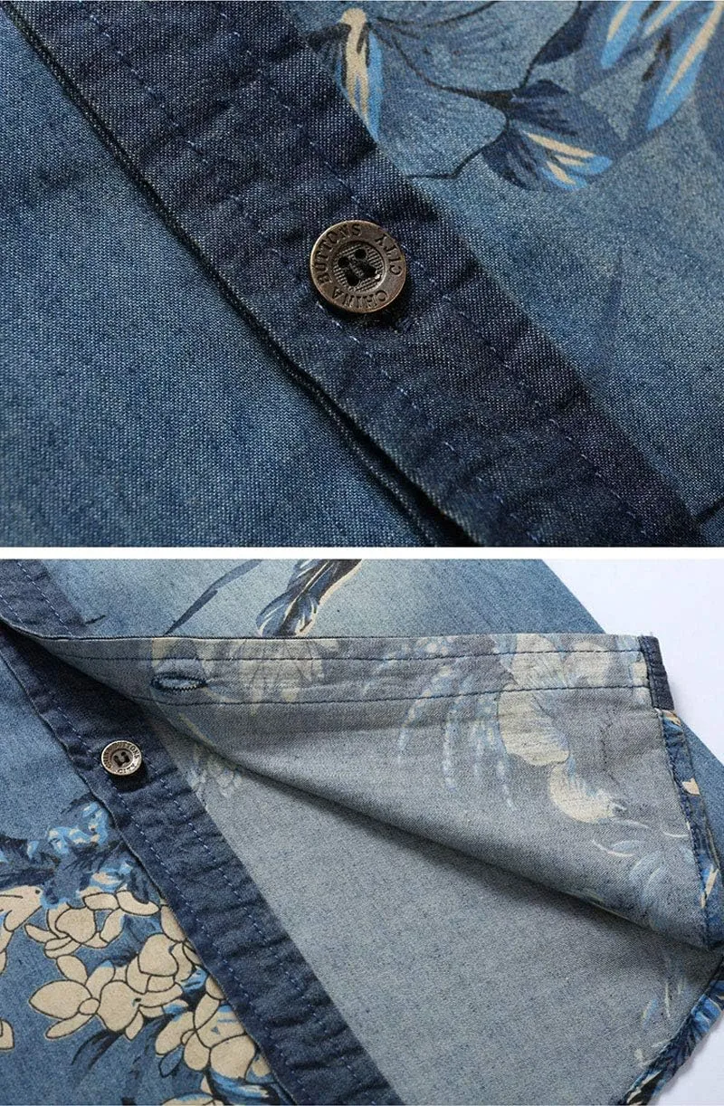 ebossy Men's Floral Print Vintage Washed Button Down Lightweight Denim Shirt