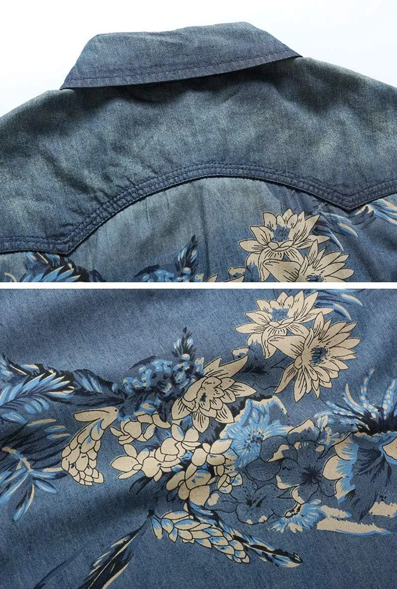 ebossy Men's Floral Print Vintage Washed Button Down Lightweight Denim Shirt