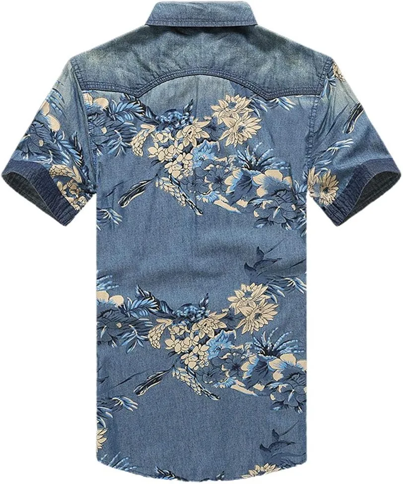 ebossy Men's Floral Print Vintage Washed Button Down Lightweight Denim Shirt