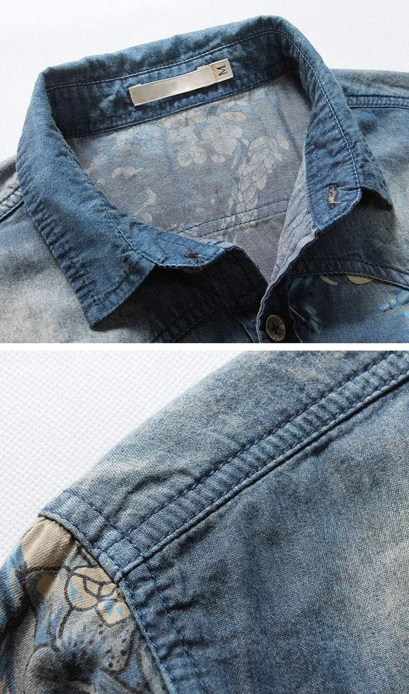 ebossy Men's Floral Print Vintage Washed Button Down Lightweight Denim Shirt