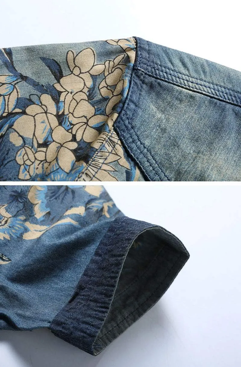ebossy Men's Floral Print Vintage Washed Button Down Lightweight Denim Shirt