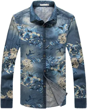 ebossy Men's Floral Print Vintage Washed Button Down Lightweight Denim Shirt