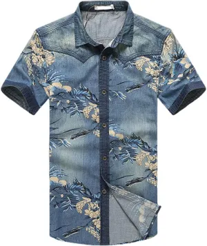 ebossy Men's Floral Print Vintage Washed Button Down Lightweight Denim Shirt
