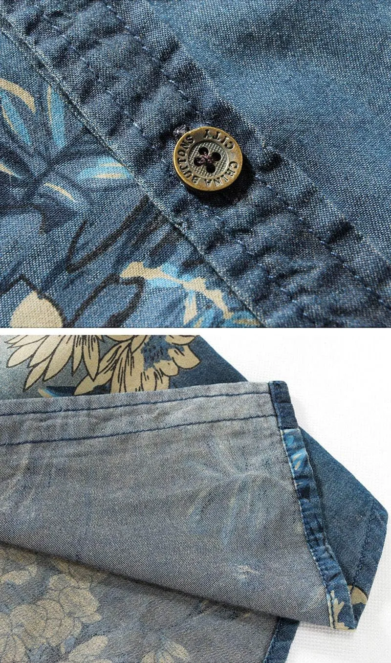 ebossy Men's Floral Print Vintage Washed Button Down Lightweight Denim Shirt