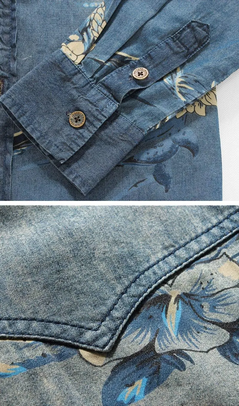 ebossy Men's Floral Print Vintage Washed Button Down Lightweight Denim Shirt