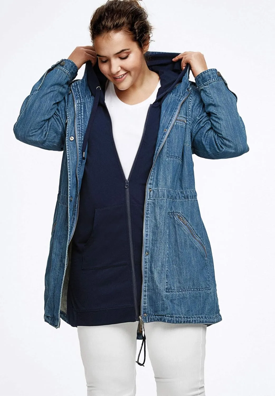 ellos Women's Plus Size Hooded Anorak Denim Jacket