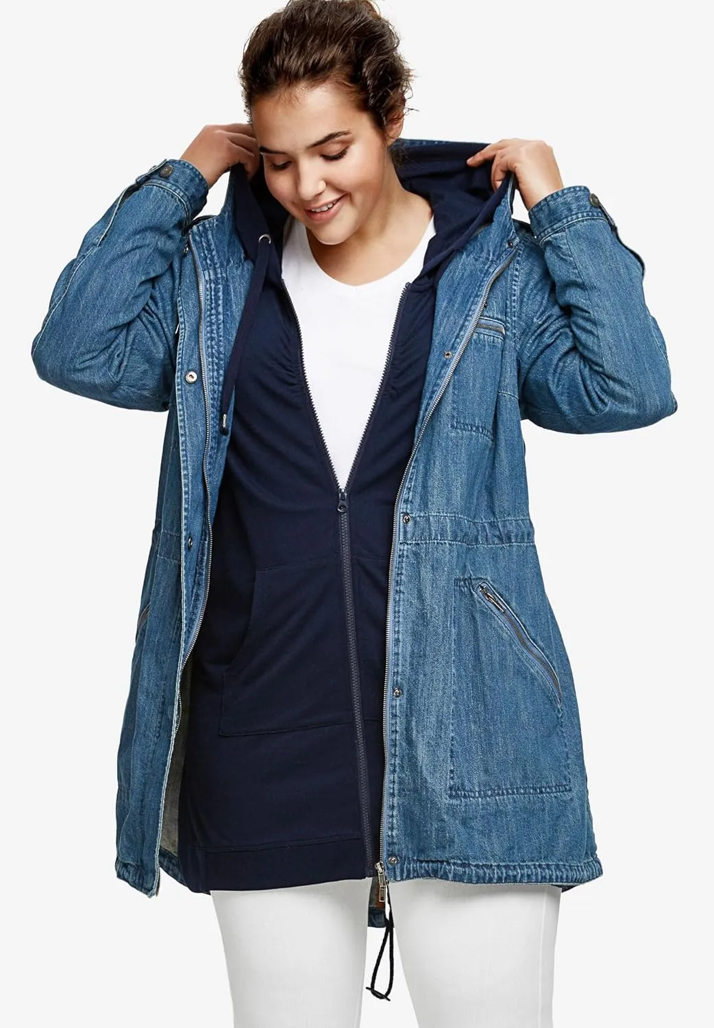 ellos Women's Plus Size Hooded Anorak Denim Jacket