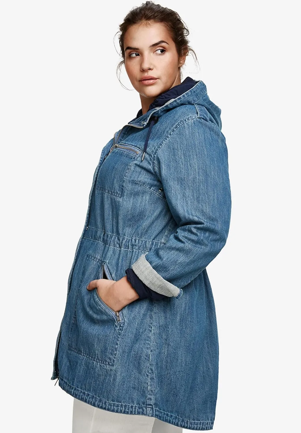 ellos Women's Plus Size Hooded Anorak Denim Jacket