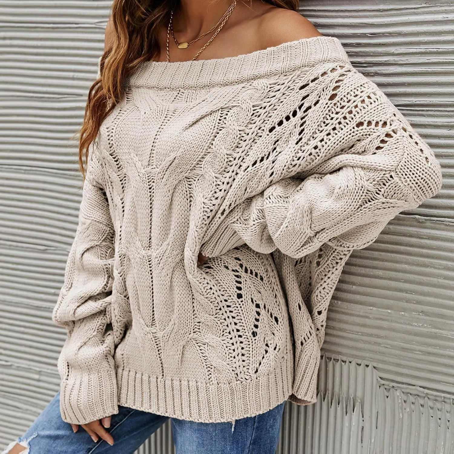 Fall Sweaters Off Shoulder Long Sleeve Crochet Hollow Out Pullover Top Winter Casual Chunky Cable Knit Sweater for Women