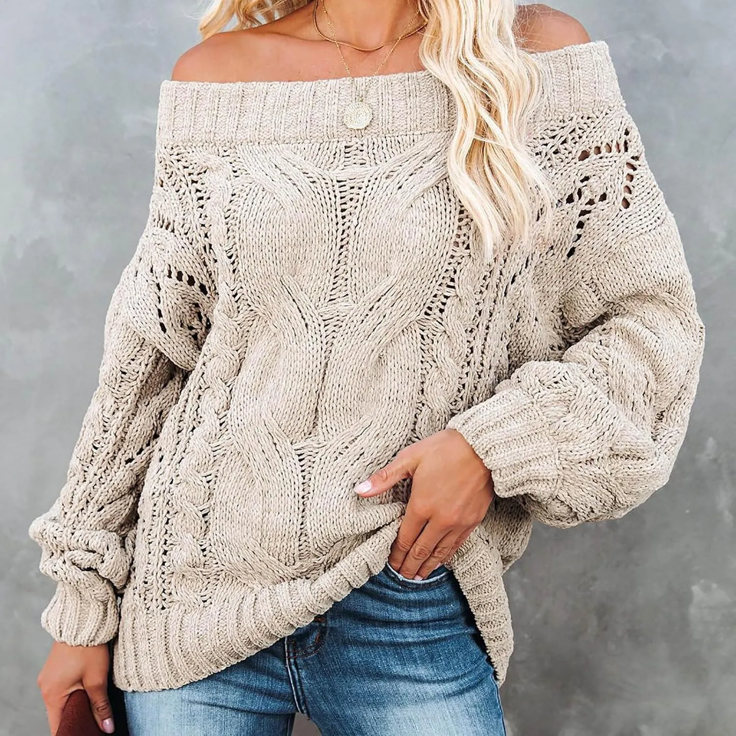 Fall Sweaters Off Shoulder Long Sleeve Crochet Hollow Out Pullover Top Winter Casual Chunky Cable Knit Sweater for Women