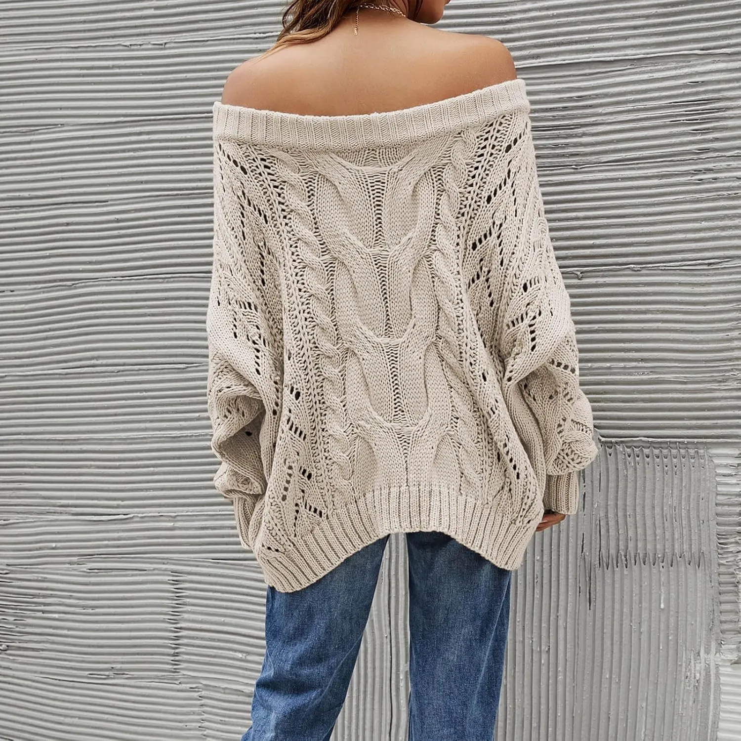 Fall Sweaters Off Shoulder Long Sleeve Crochet Hollow Out Pullover Top Winter Casual Chunky Cable Knit Sweater for Women
